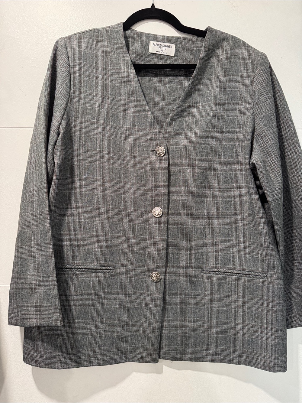 Alfred Dunner Gray Plaid Notchless Blazer with‎ Decorative Buttons